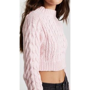 For Love and Lemons cropped cable knit sweater in pink, size medium